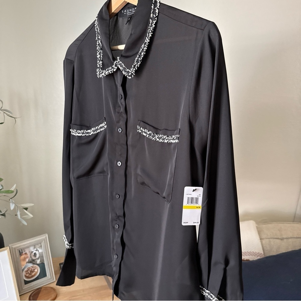 Laundry by Shelli Segal Long Sleeve Button Front Egret Blouse Boucle Trim M NWT - Picture 3 of 9